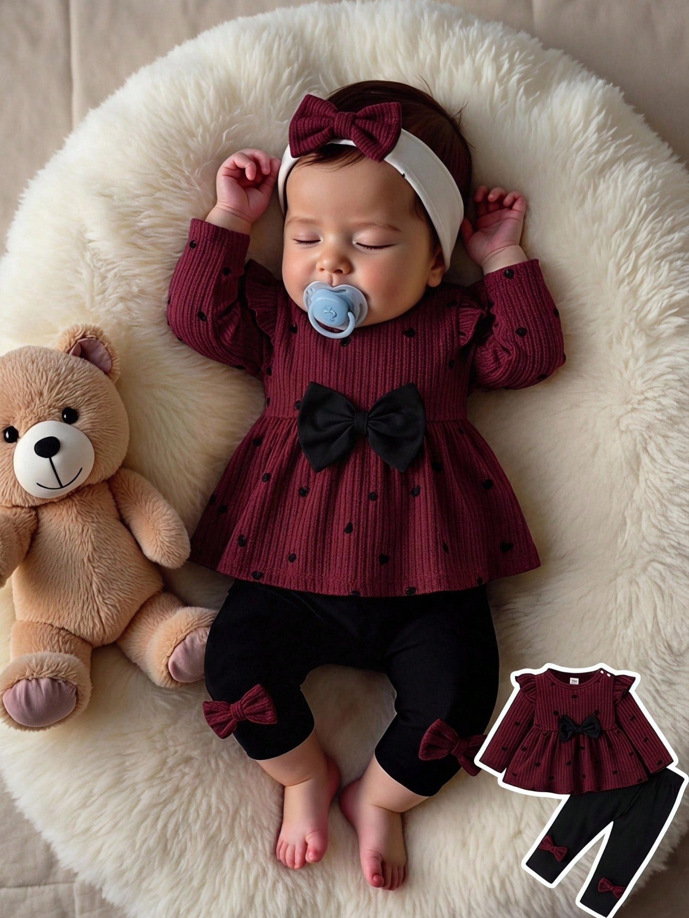 Newborn Baby Girl Cute Autumn Outfit Black Polka Dot Heart Print Puff Sleeve Knit Pullover Top Skinny Pants 2 Pieces Set Family Matching