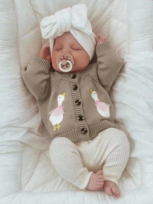Newborn Baby Girl Cute Cartoon Pattern Knitted Cardigan, Versatile For Autumn/Winter
