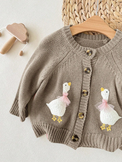 Newborn Baby Girl Cute Cartoon Pattern Knitted Cardigan, Versatile For Autumn/Winter