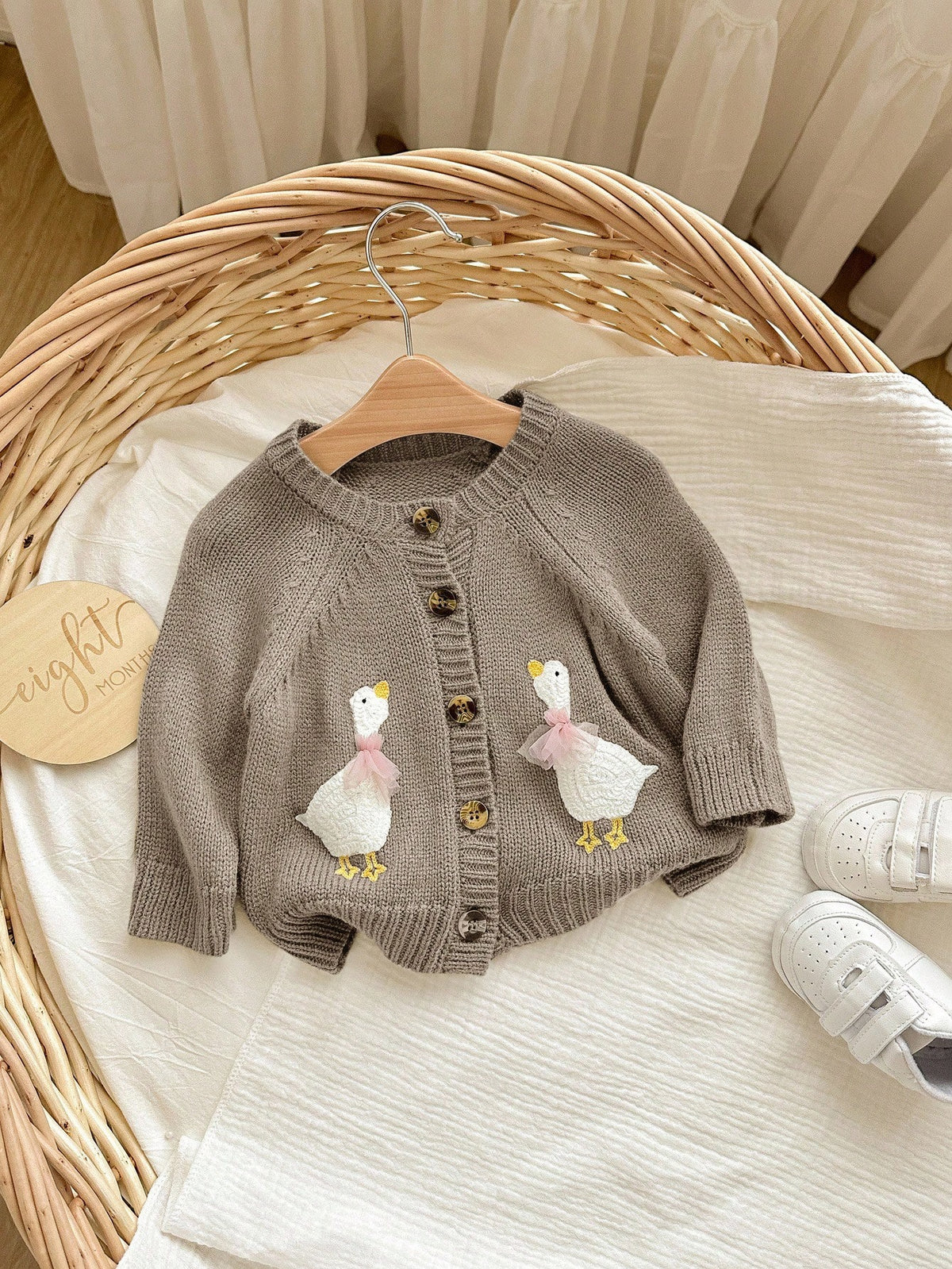 Newborn Baby Girl Cute Cartoon Pattern Knitted Cardigan, Versatile For Autumn/Winter