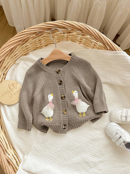 Newborn Baby Girl Cute Cartoon Pattern Knitted Cardigan, Versatile For Autumn/Winter