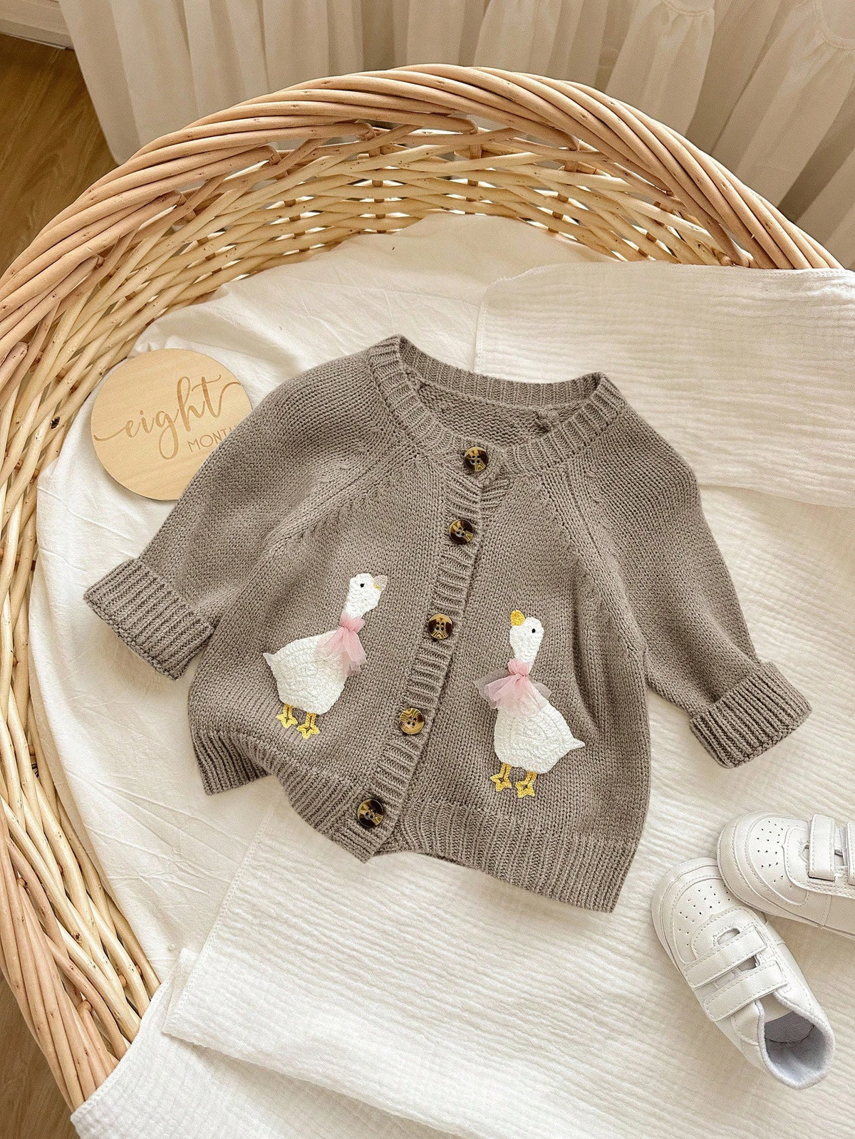 Newborn Baby Girl Cute Cartoon Pattern Knitted Cardigan, Versatile For Autumn/Winter