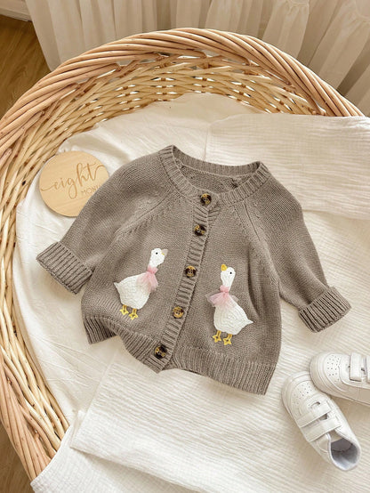 Newborn Baby Girl Cute Cartoon Pattern Knitted Cardigan, Versatile For Autumn/Winter