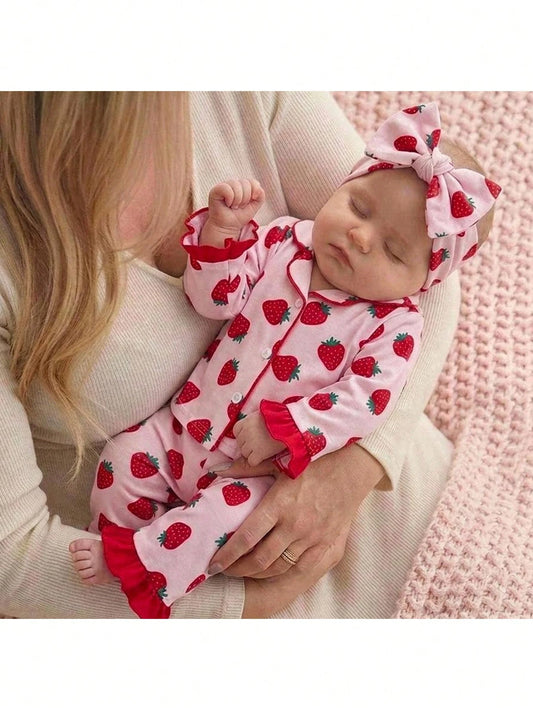 Newborn Baby Girl Cute Casual Knit Colorblock Fruit Print Long Sleeve Loungewear Set