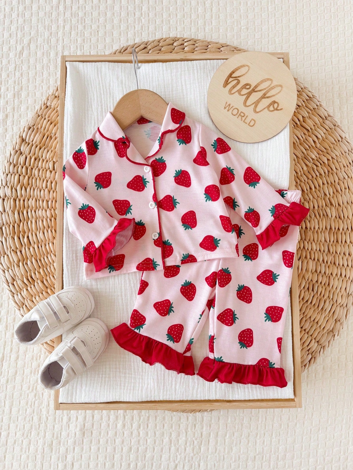 Newborn Baby Girl Cute Casual Knit Colorblock Fruit Print Long Sleeve Loungewear Set
