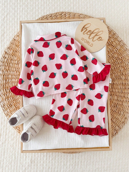 Newborn Baby Girl Cute Casual Knit Colorblock Fruit Print Long Sleeve Loungewear Set