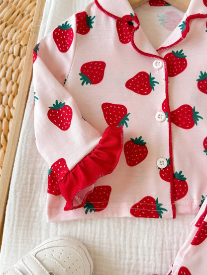 Newborn Baby Girl Cute Casual Knit Colorblock Fruit Print Long Sleeve Loungewear Set