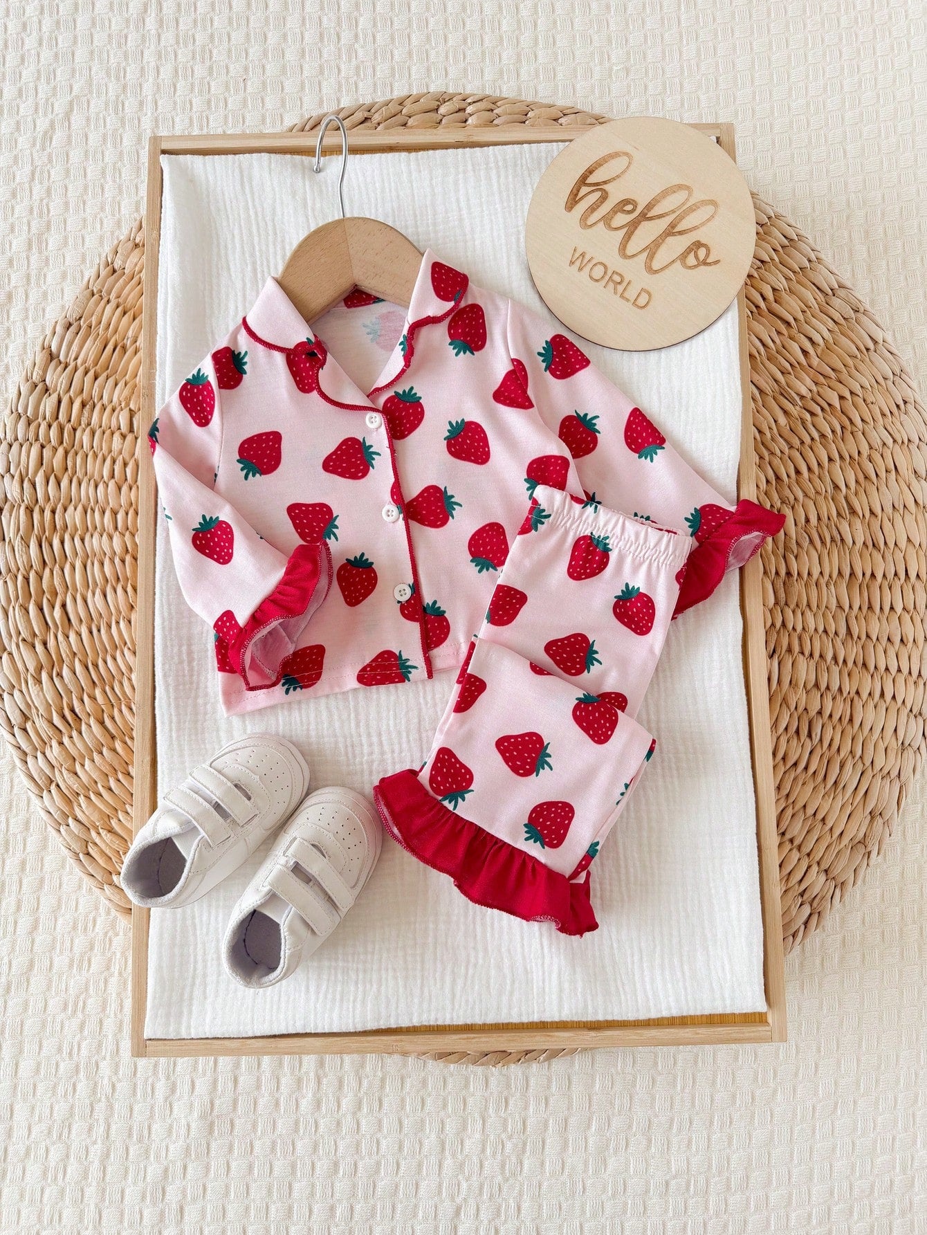 Newborn Baby Girl Cute Casual Knit Colorblock Fruit Print Long Sleeve Loungewear Set
