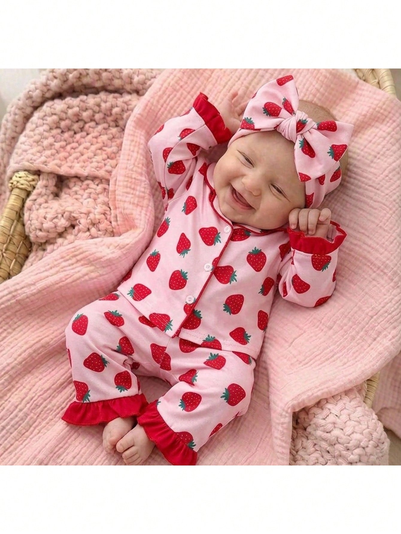 Newborn Baby Girl Cute Casual Knit Colorblock Fruit Print Long Sleeve Loungewear Set