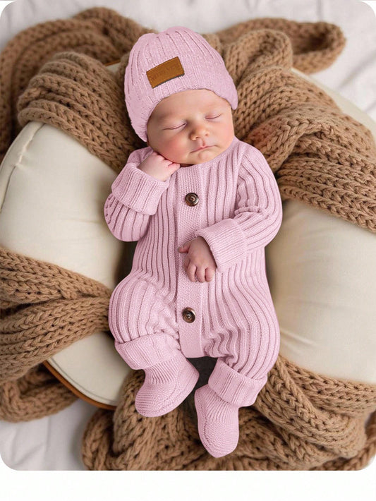 Newborn Baby Girl Cute Knitted Jumpsuit With Footies And Hat Set,Versatile For Autumn/Winter Photoshoot Outfit Sweater Romper Going Home Knit Fall