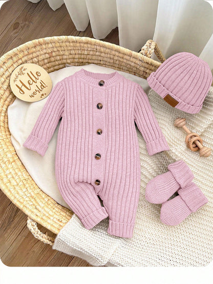 Newborn Baby Girl Cute Knitted Jumpsuit With Footies And Hat Set,Versatile For Autumn/Winter Photoshoot Outfit Sweater Romper Going Home Knit Fall