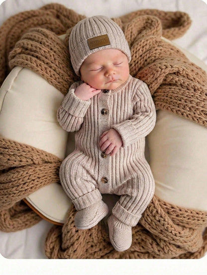 Newborn Baby Girl Cute Knitted Jumpsuit With Footies And Hat Set,Versatile For Autumn/Winter Photoshoot Outfit Sweater Romper Going Home Knit Fall
