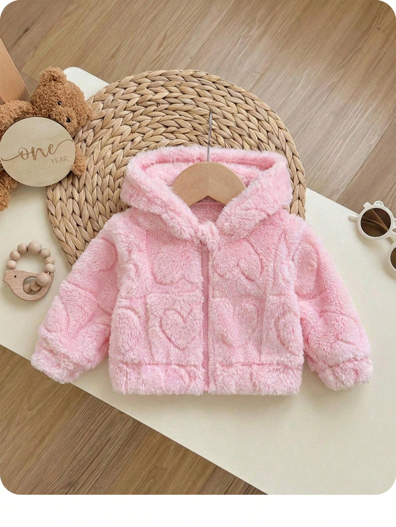Newborn Baby Girl Cute Solid Color Fuzzy Heart Pattern Hooded Thick Jacket For Fall/Winter