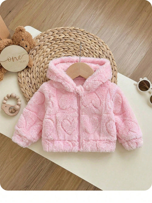Newborn Baby Girl Cute Solid Color Fuzzy Heart Pattern Hooded Thick Jacket For Fall/Winter