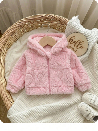 Newborn Baby Girl Cute Solid Color Fuzzy Heart Pattern Hooded Thick Jacket For Fall/Winter