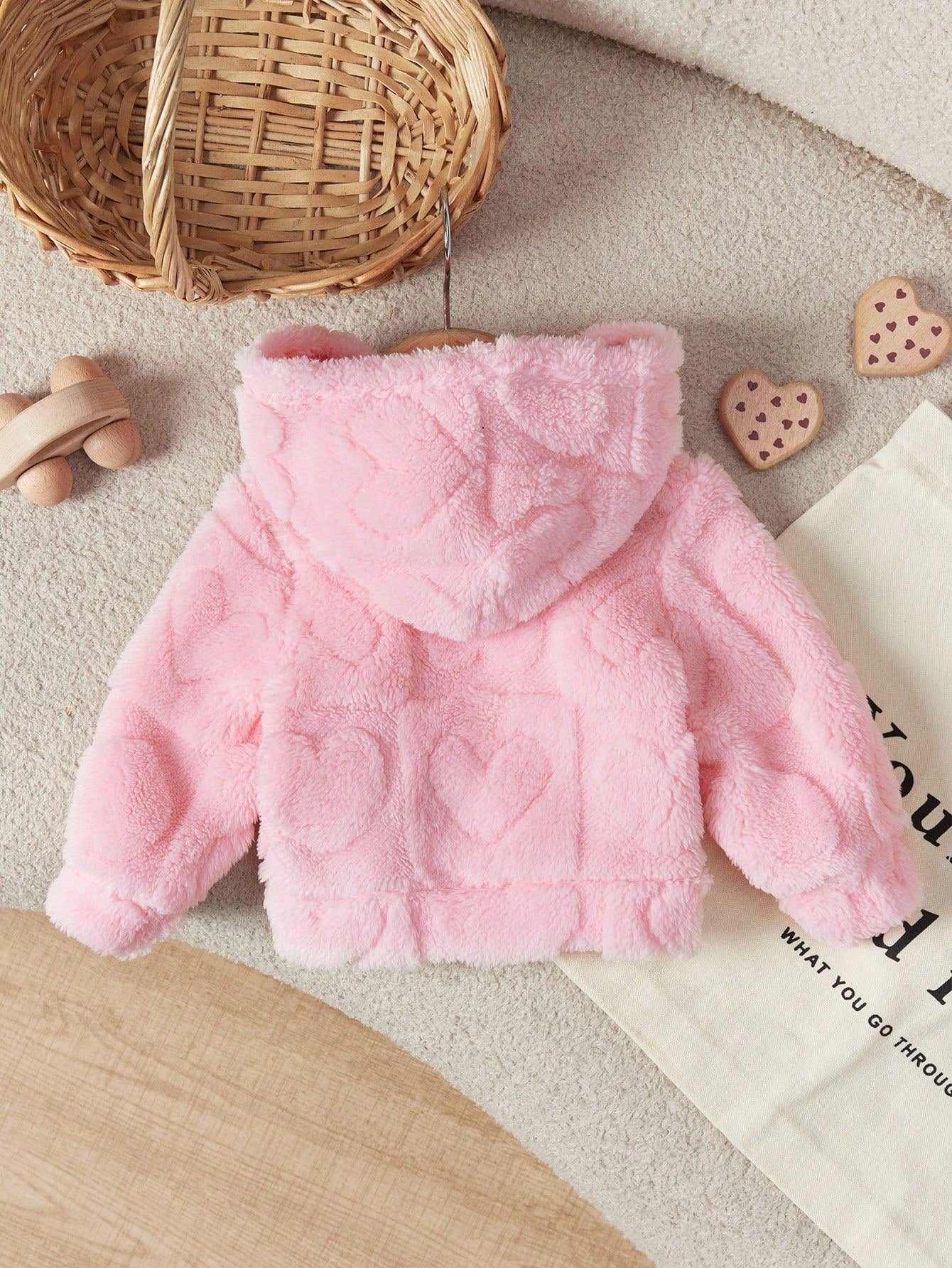 Newborn Baby Girl Cute Solid Color Fuzzy Heart Pattern Hooded Thick Jacket For Fall/Winter