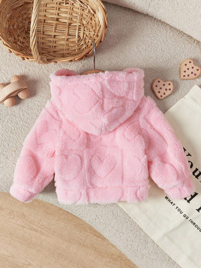 Newborn Baby Girl Cute Solid Color Fuzzy Heart Pattern Hooded Thick Jacket For Fall/Winter