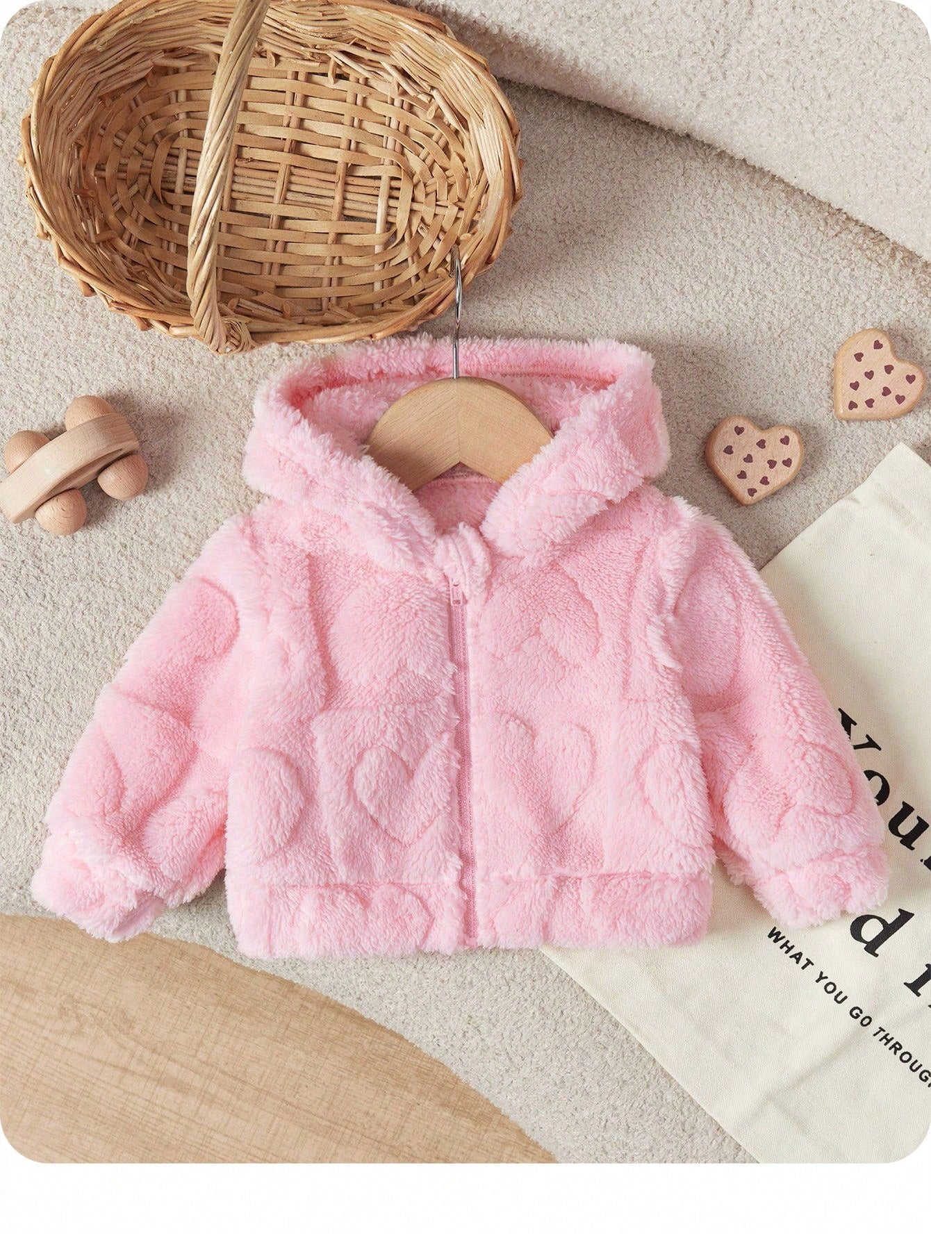 Newborn Baby Girl Cute Solid Color Fuzzy Heart Pattern Hooded Thick Jacket For Fall/Winter