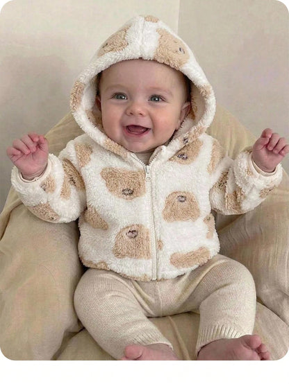 Newborn Baby Girl Cute Solid Color Fuzzy Heart Pattern Hooded Thick Jacket For Fall/Winter
