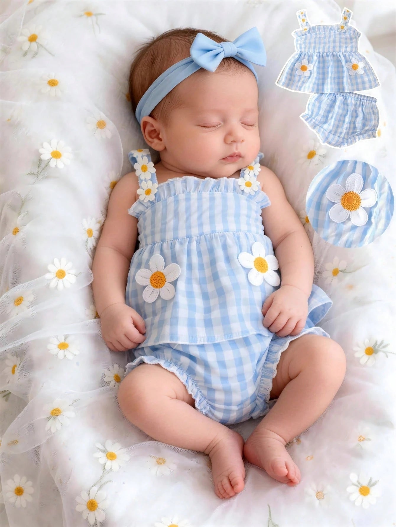Newborn Baby Girl Summer Outfit Cute Blue And White Striped Checkered Daisy Flower Embroidered Camisole Top And Shorts 2-Piece Set For Photo Shoot