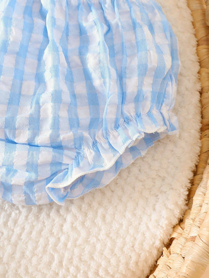 Newborn Baby Girl Summer Outfit Cute Blue And White Striped Checkered Daisy Flower Embroidered Camisole Top And Shorts 2-Piece Set For Photo Shoot