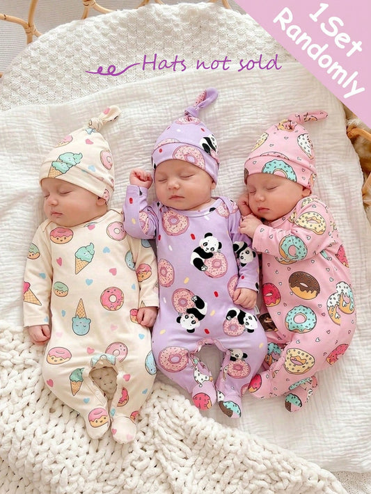 Newborn Baby Pajamas, Patterns Include Donut, Ice Cream, Panda Cute Kawaii Printed Knit Envelope Collar Long Sleeve Footie Romper Sleep Night Purple