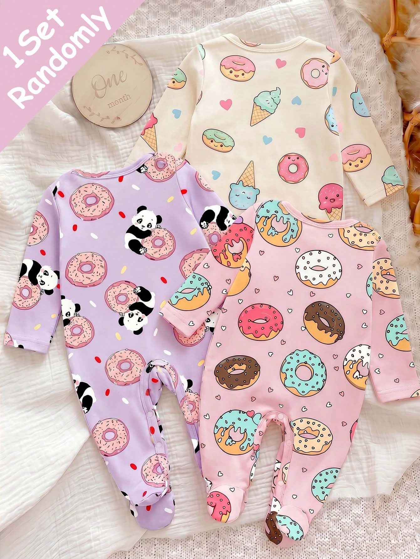 Newborn Baby Pajamas, Patterns Include Donut, Ice Cream, Panda Cute Kawaii Printed Knit Envelope Collar Long Sleeve Footie Romper Sleep Night Purple