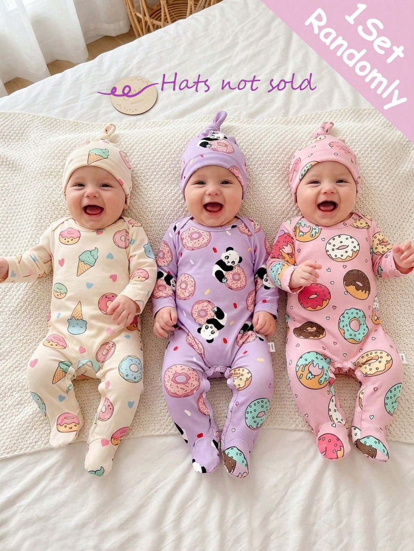 Newborn Baby Pajamas, Patterns Include Donut, Ice Cream, Panda Cute Kawaii Printed Knit Envelope Collar Long Sleeve Footie Romper Sleep Night Purple