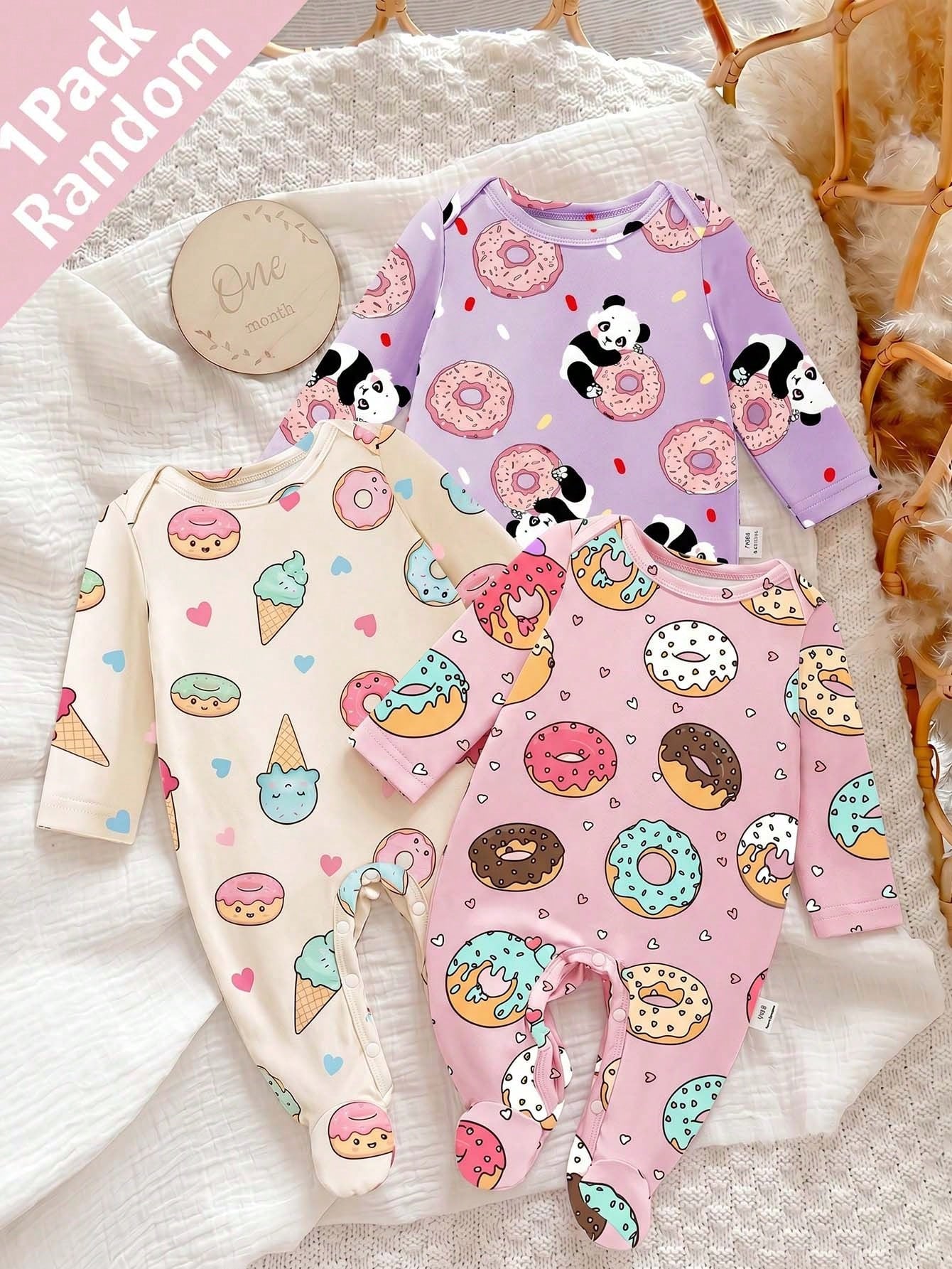 Newborn Baby Pajamas, Patterns Include Donut, Ice Cream, Panda Cute Kawaii Printed Knit Envelope Collar Long Sleeve Footie Romper Sleep Night Purple