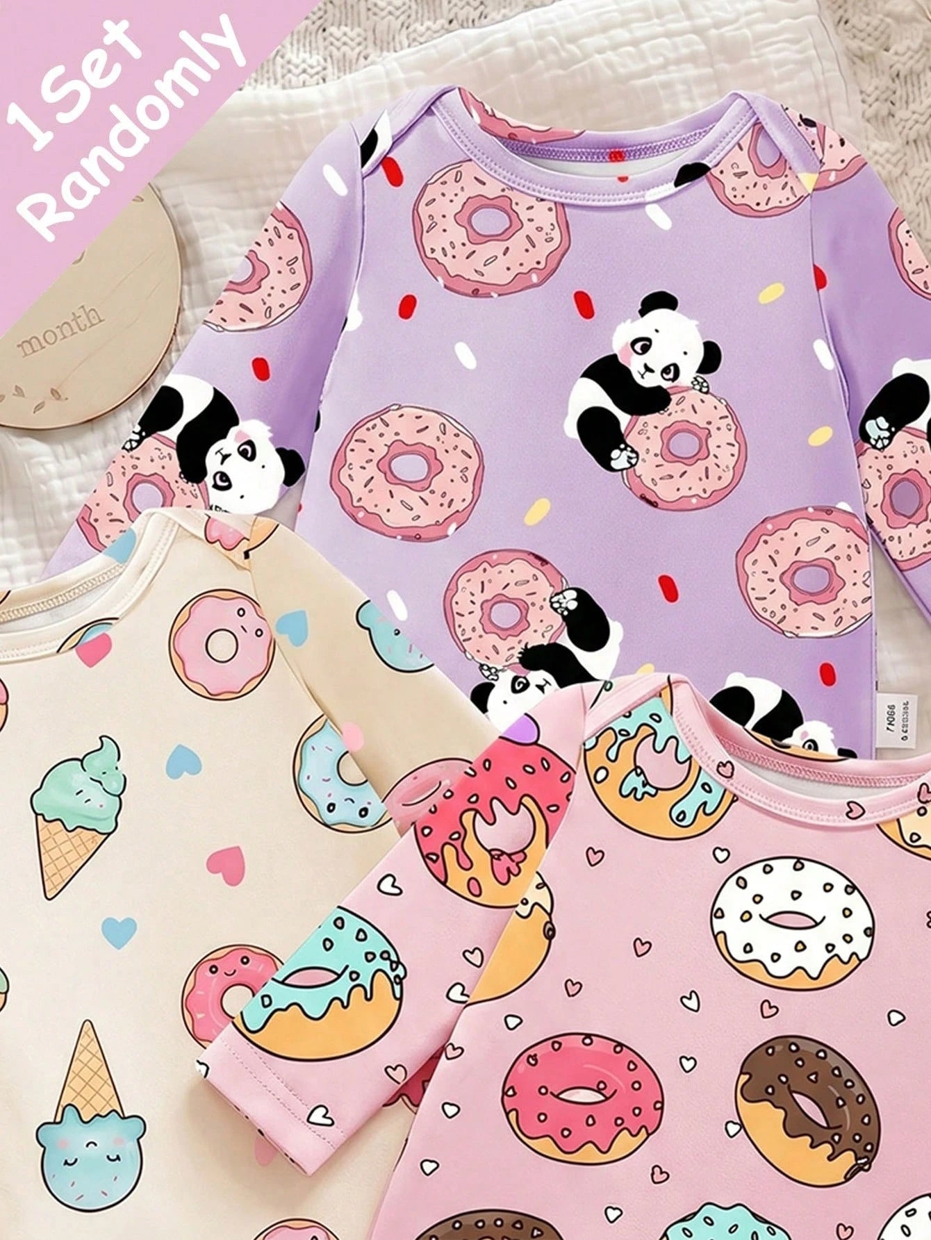 Newborn Baby Pajamas, Patterns Include Donut, Ice Cream, Panda Cute Kawaii Printed Knit Envelope Collar Long Sleeve Footie Romper Sleep Night Purple