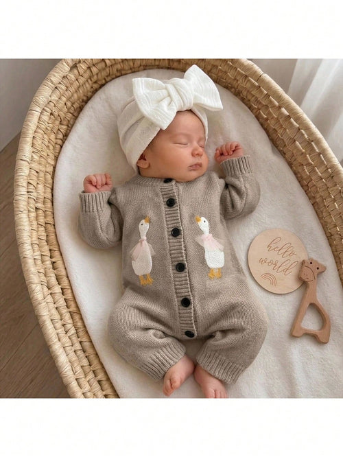 Newborn Baby Single-Breasted Duck Pattern Casual Versatile Daily Knit Long Sleeve Autumn Winter Romper