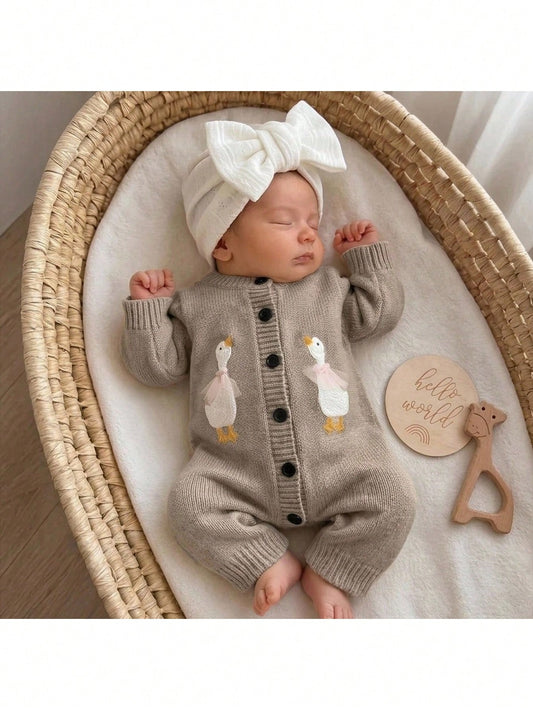 Newborn Baby Single-Breasted Duck Pattern Casual Versatile Daily Knit Long Sleeve Autumn Winter Romper