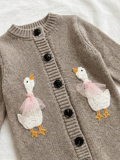 Newborn Baby Single-Breasted Duck Pattern Casual Versatile Daily Knit Long Sleeve Autumn Winter Romper