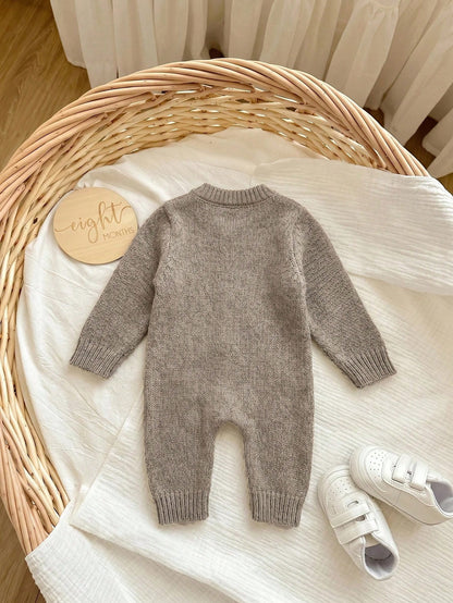 Newborn Baby Single-Breasted Duck Pattern Casual Versatile Daily Knit Long Sleeve Autumn Winter Romper