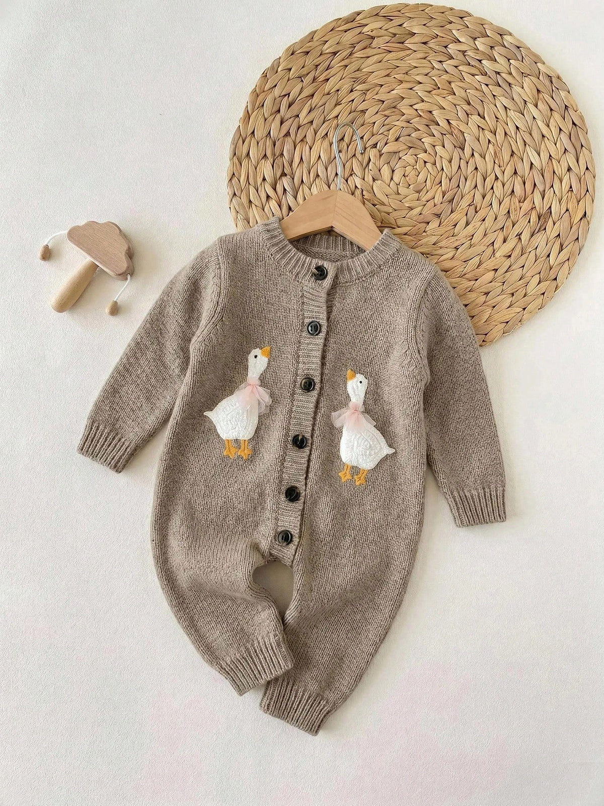 Newborn Baby Single-Breasted Duck Pattern Casual Versatile Daily Knit Long Sleeve Autumn Winter Romper
