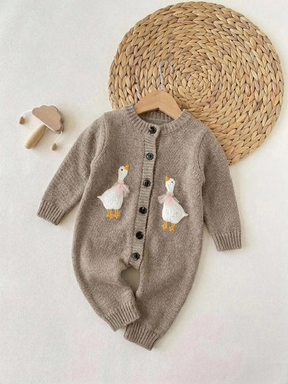 Newborn Baby Single-Breasted Duck Pattern Casual Versatile Daily Knit Long Sleeve Autumn Winter Romper