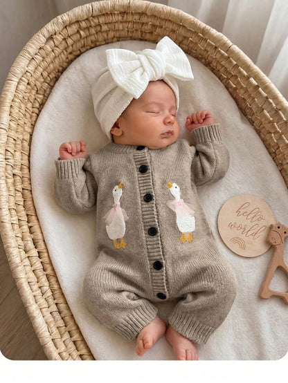 Newborn Baby Single-Breasted Duck Pattern Casual Versatile Daily Knit Long Sleeve Autumn Winter Romper