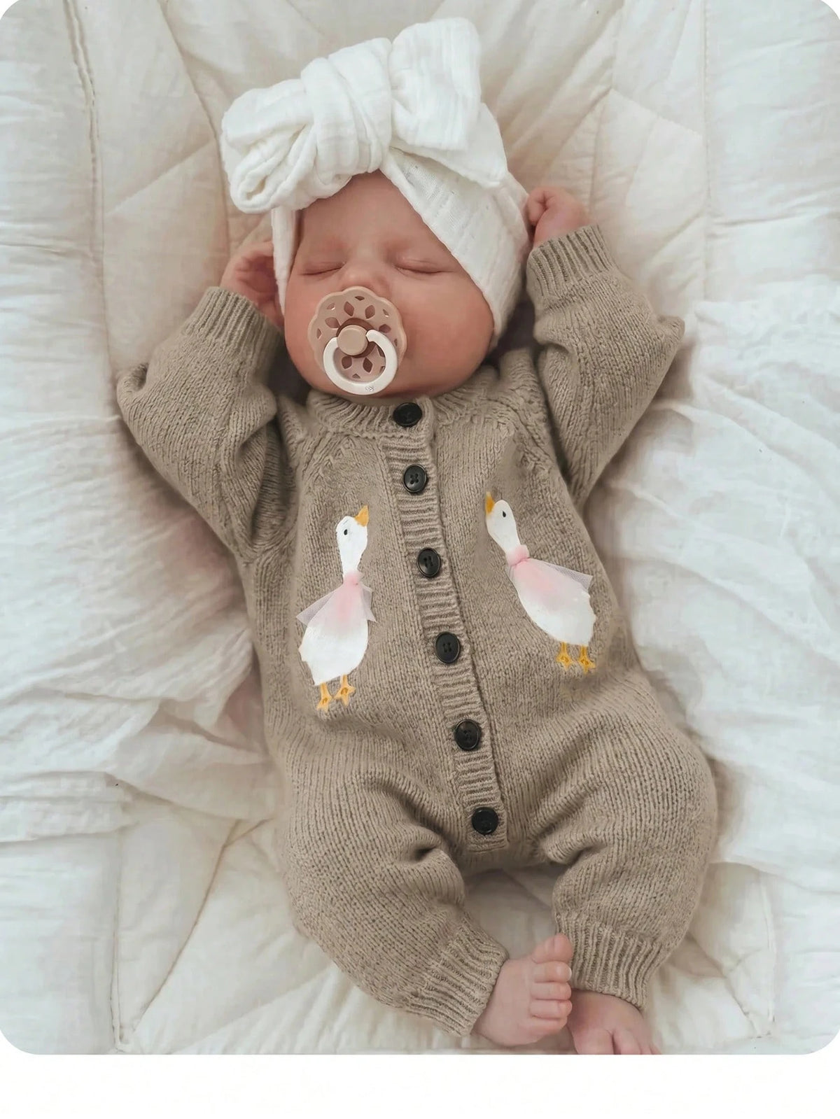 Newborn Baby Single-Breasted Duck Pattern Casual Versatile Daily Knit Long Sleeve Autumn Winter Romper