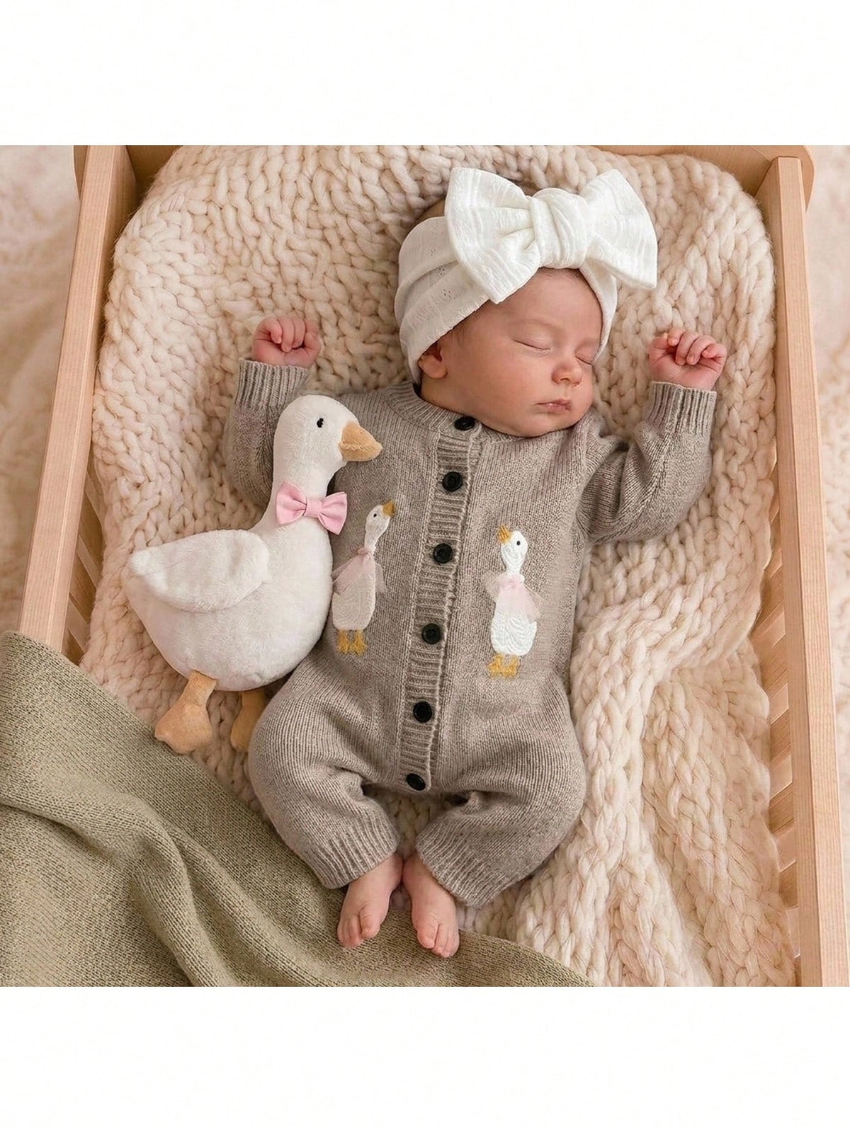 Newborn Baby Single-Breasted Duck Pattern Casual Versatile Daily Knit Long Sleeve Autumn Winter Romper