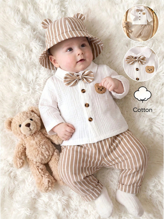Newborn White Long-Sleeve Collared Shirt With A Small Bear Design, Paired With Apricot-Colored Pants