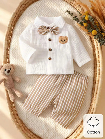 Newborn White Long-Sleeve Collared Shirt With A Small Bear Design, Paired With Apricot-Colored Pants