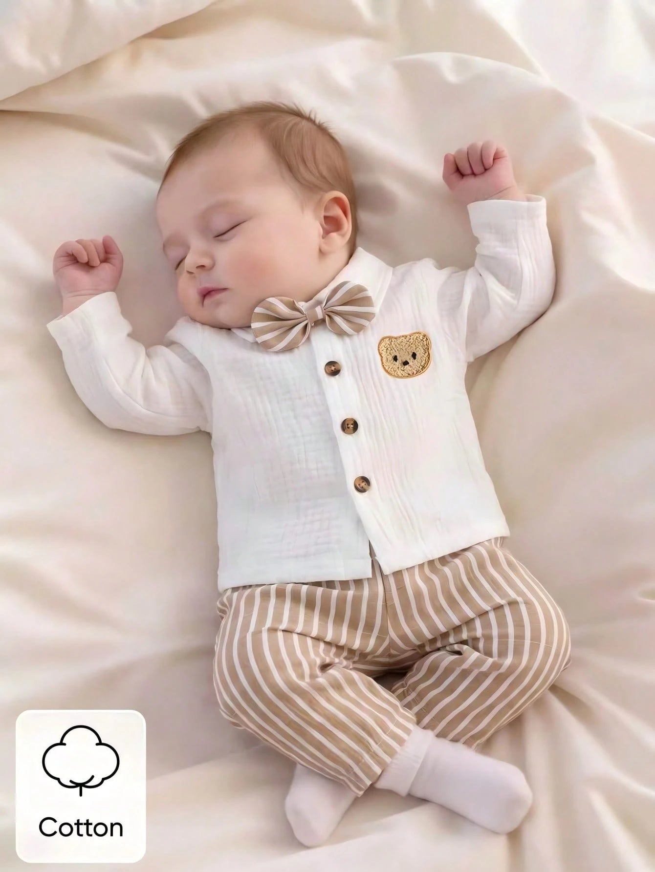 Newborn White Long-Sleeve Collared Shirt With A Small Bear Design, Paired With Apricot-Colored Pants
