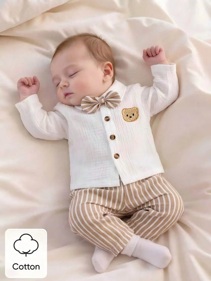 Newborn White Long-Sleeve Collared Shirt With A Small Bear Design, Paired With Apricot-Colored Pants