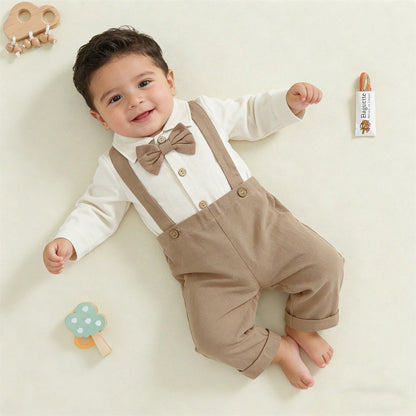 Newbron Baby Boys Gentleman Outfits Casual Spring Summer 2-Piece Outfit Set- Long Sleeve Button-Up Romper + Solid Color Suspender Pants Cute Clothing For Toddler Infants 0-18M