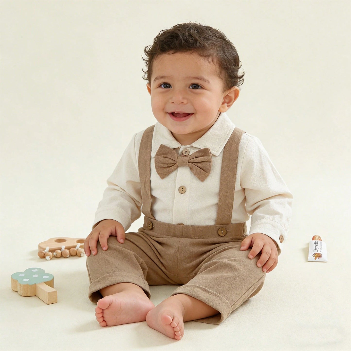 Newbron Baby Boys Gentleman Outfits Casual Spring Summer 2-Piece Outfit Set- Long Sleeve Button-Up Romper + Solid Color Suspender Pants Cute Clothing For Toddler Infants 0-18M