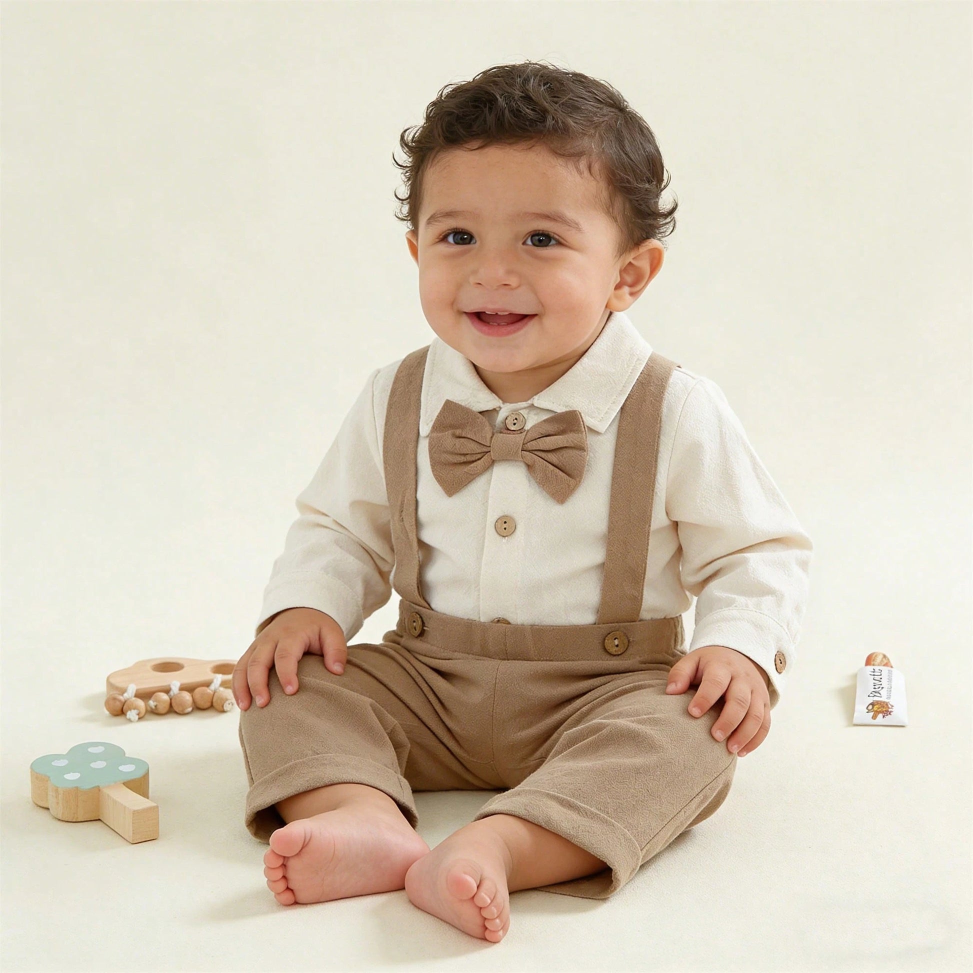 Newbron Baby Boys Gentleman Outfits Casual Spring Summer 2-Piece Outfit Set- Long Sleeve Button-Up Romper + Solid Color Suspender Pants Cute Clothing For Toddler Infants 0-18M