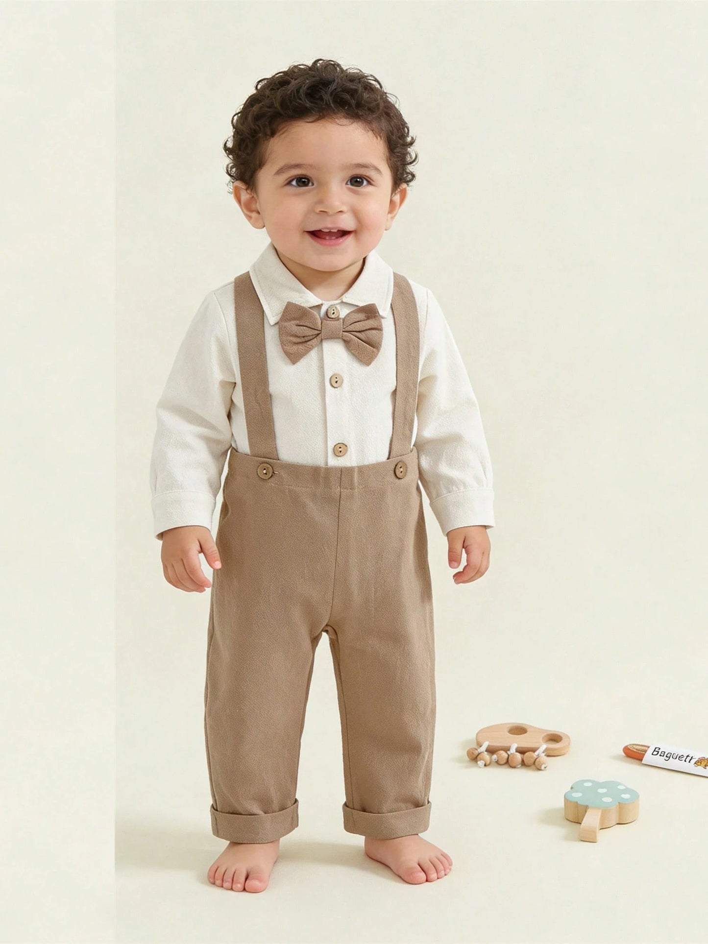 Newbron Baby Boys Gentleman Outfits Casual Spring Summer 2-Piece Outfit Set- Long Sleeve Button-Up Romper + Solid Color Suspender Pants Cute Clothing For Toddler Infants 0-18M