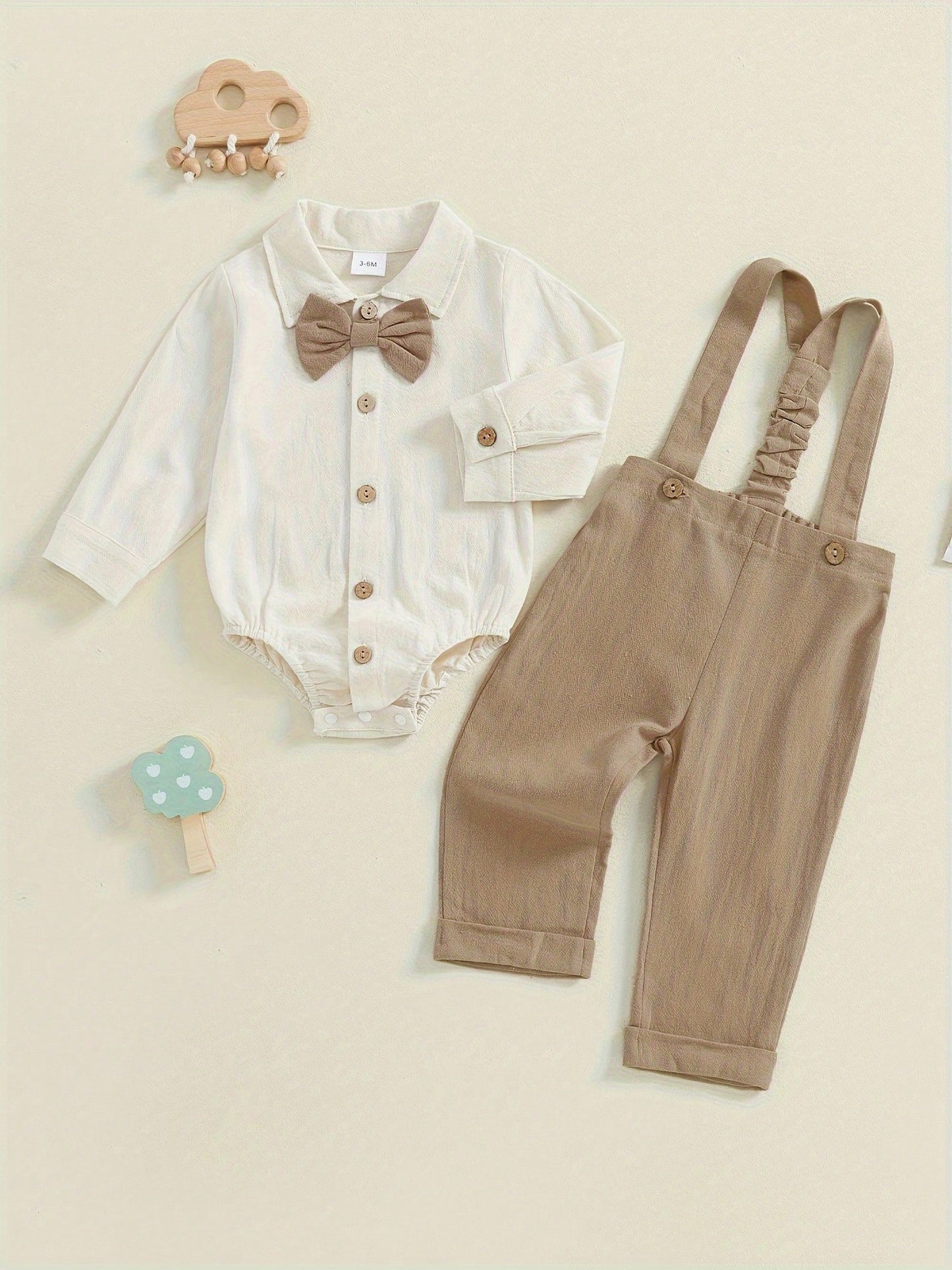 Newbron Baby Boys Gentleman Outfits Casual Spring Summer 2-Piece Outfit Set- Long Sleeve Button-Up Romper + Solid Color Suspender Pants Cute Clothing For Toddler Infants 0-18M