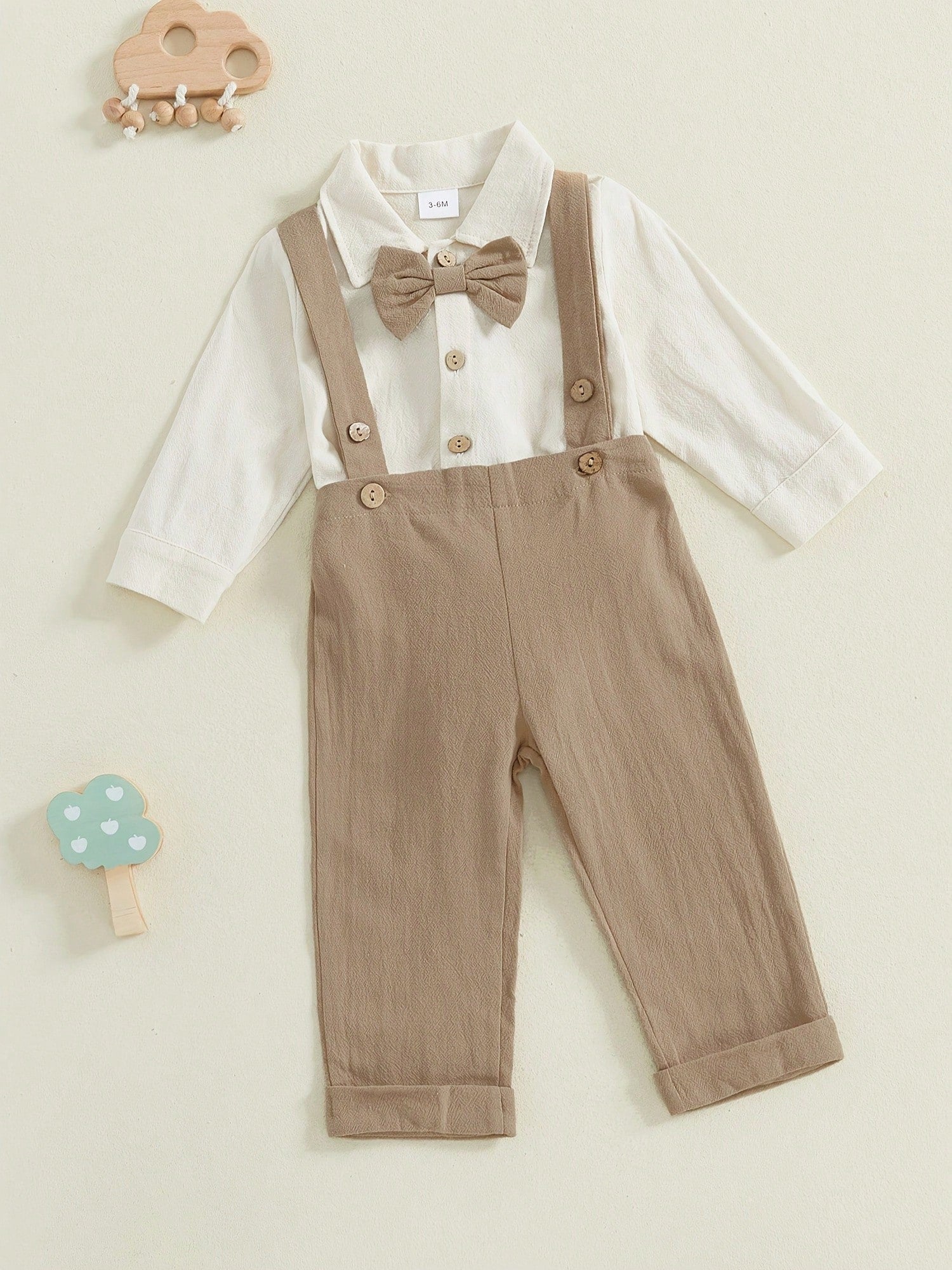 Newbron Baby Boys Gentleman Outfits Casual Spring Summer 2-Piece Outfit Set- Long Sleeve Button-Up Romper + Solid Color Suspender Pants Cute Clothing For Toddler Infants 0-18M