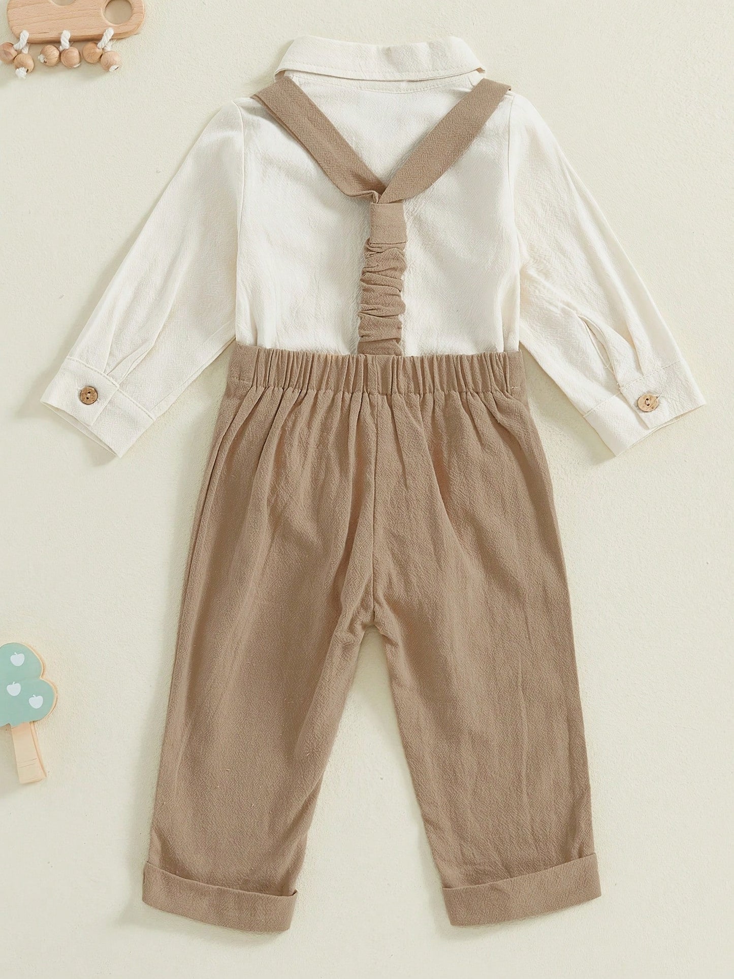 Newbron Baby Boys Gentleman Outfits Casual Spring Summer 2-Piece Outfit Set- Long Sleeve Button-Up Romper + Solid Color Suspender Pants Cute Clothing For Toddler Infants 0-18M